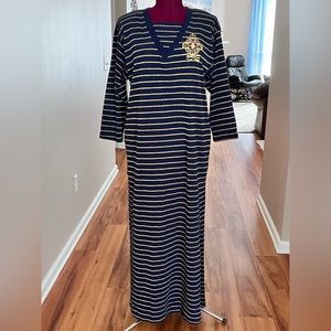 Kathleen Usherwood Periphery vintage navy blue/gold stripe nautical maxi dress L